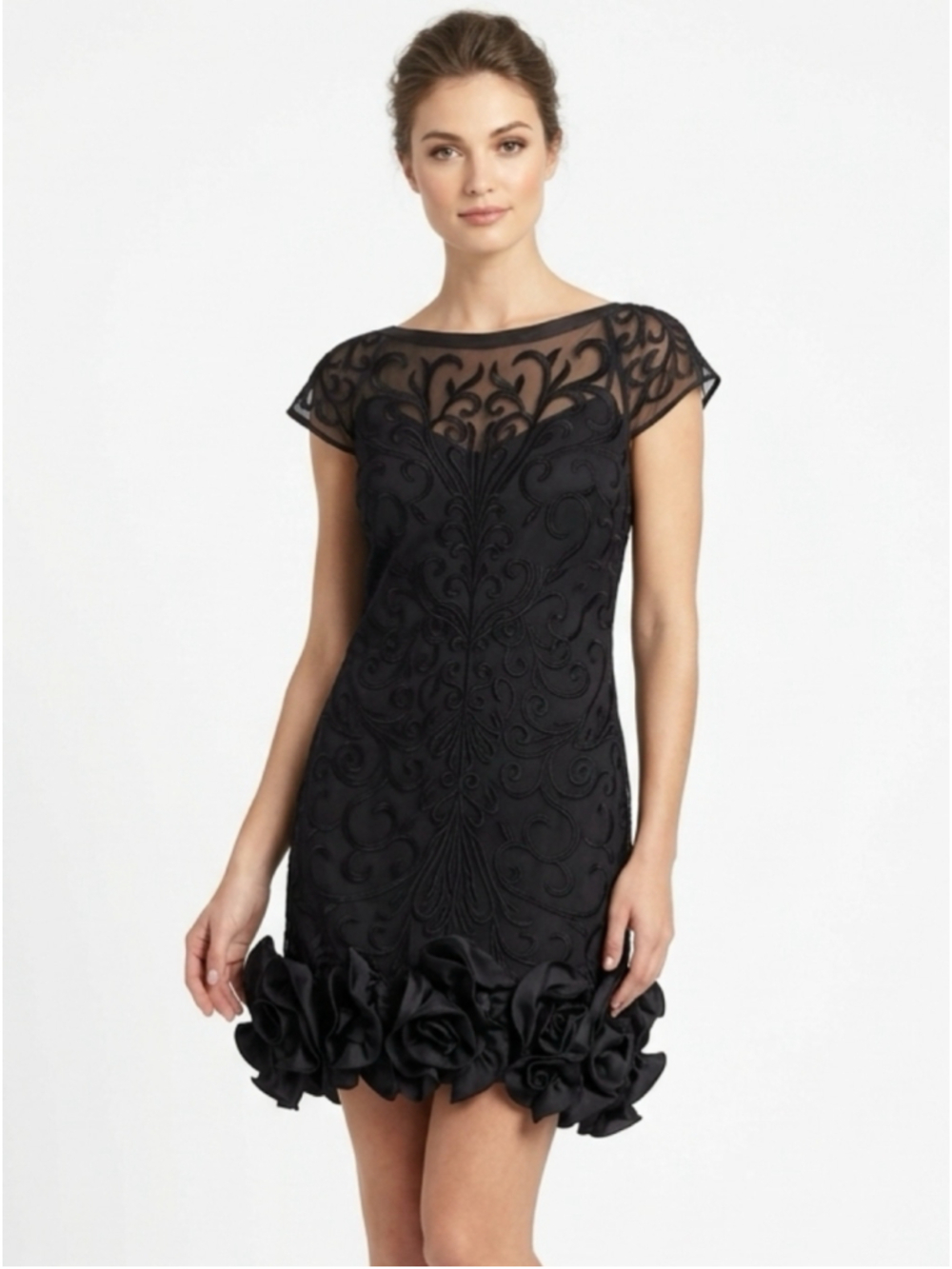 Guess Black Embroidered Sheer Midi Dress with Rosette Hem Size 10
